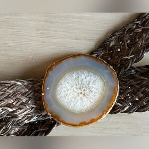 Leather braided belt with mother-of-pearl buckle